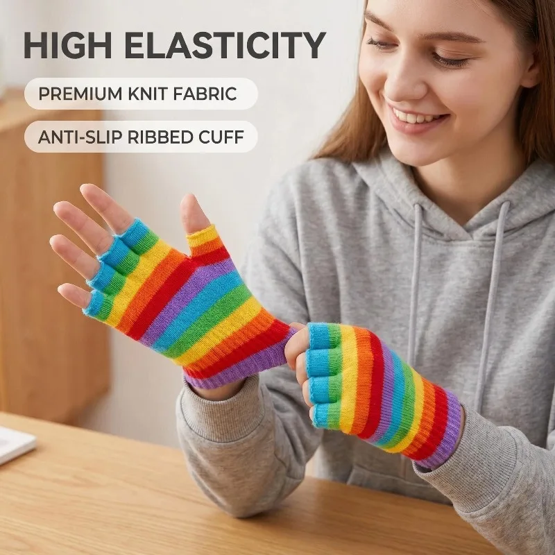 1 pair Rainbow Striped Knit Gloves, Thickened Warm Half-Finger Gloves, Autumn and Winter Cold-Proof Gloves for Men and Women
