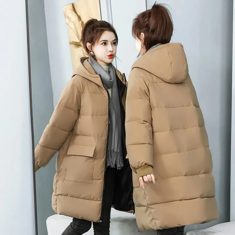 Women\'s Winter Down Cotton Jacket 2023 New Blue Hooded Parker Women Outerwear Thicke Warm Loose Mid Long Cotton Clothes Coat 8XL