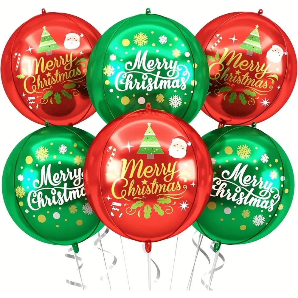 6 Pcs 22 Inch Large Round Christmas Foil Balloons, Red & Green Merry Christmas Print, Xmas Party Decor Balloons