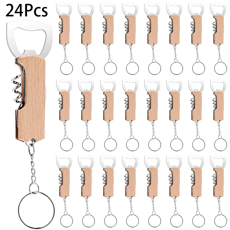 24Pcs Red Wine Corkscrew 3 In 1 Multi-function Bar Keychain Wooden Beer Wine Bottle Opener