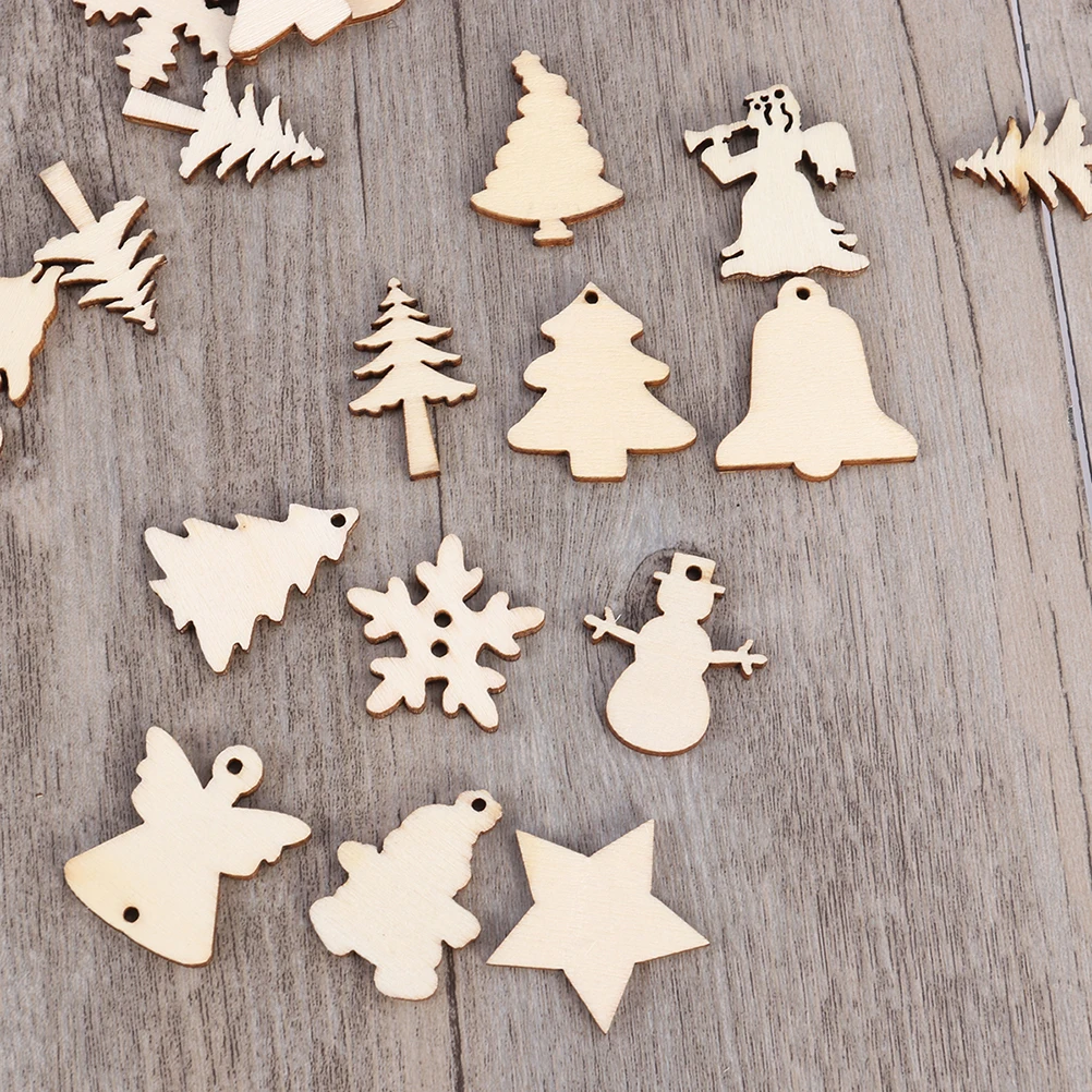 

100Pcs Christmas Wooden Cutouts Unfinished Natural Wood Color 12 Assorted Pattern Xmas Tree Snowman Snowflake Hanging Craft