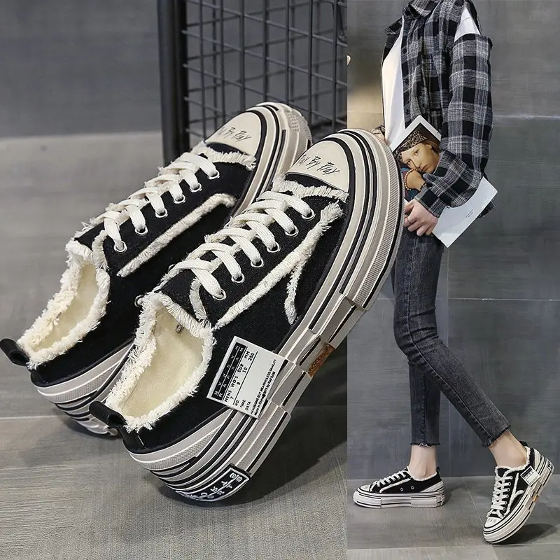 Korean Ins Style Raw Hem Platform Canvas Shoes Women Multi-Layer Thick Sole Lace Up Streetwear Casual Footwear Free Shipping