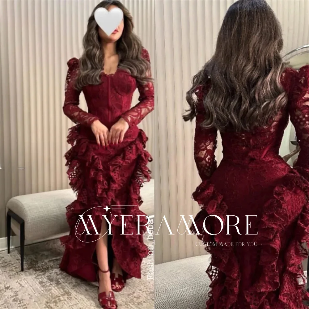 

2025 Women's Elegant Evening Dress Lace Tiered Long Sleeve Sweetheart Neck Prom Gowns Formal Wedding Guest Dresses Customized
