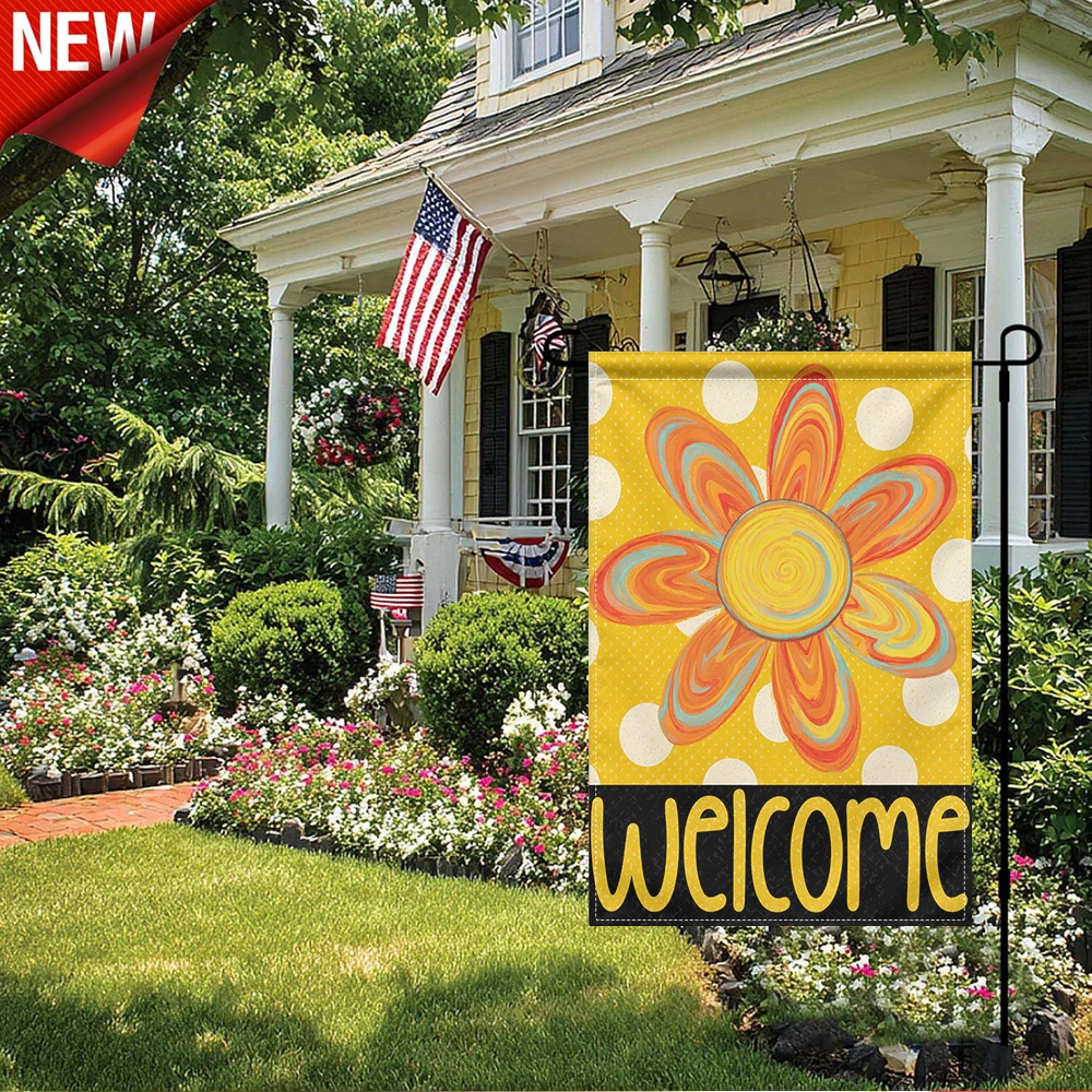 

1PC, Welcome Colorful Floral Garden Flag, Polka Dot Pattern Outdoor Welcome Flag, Double Sided Decorative Yard Flag for Spring Summer Patio Lawn Porch Decor, Vibrant Flower Print Seasonal Outdoor Banner, Weather Resistant Welcome