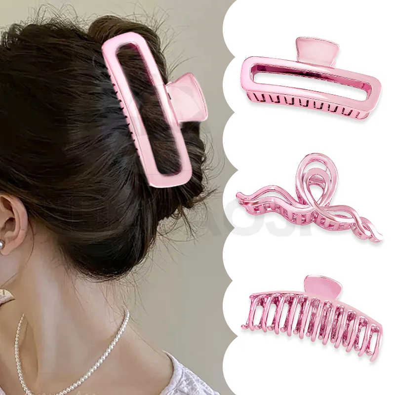 Fashion Large Pink Hair Claw For Women Shiny Plastic Bow Hair Clip Curly Hair Accessories