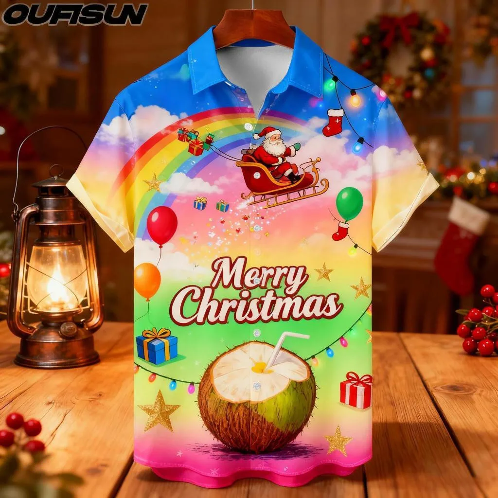 

Мужская рубашка большого размера с лацканами и коротким рукавом для рождественской вечеринки, повседневная уличная рождественская рубашка в стиле хип-хоп, футболка, топ 2025