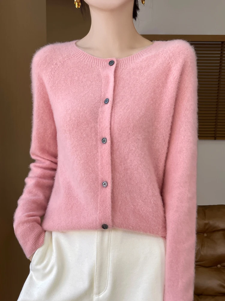 New Fashion Spring 100% Merino Wool Women\'s O-neck Cardigan Cashmere Sweater 2024 Female Clothing Grace Knitwear Korean Tops