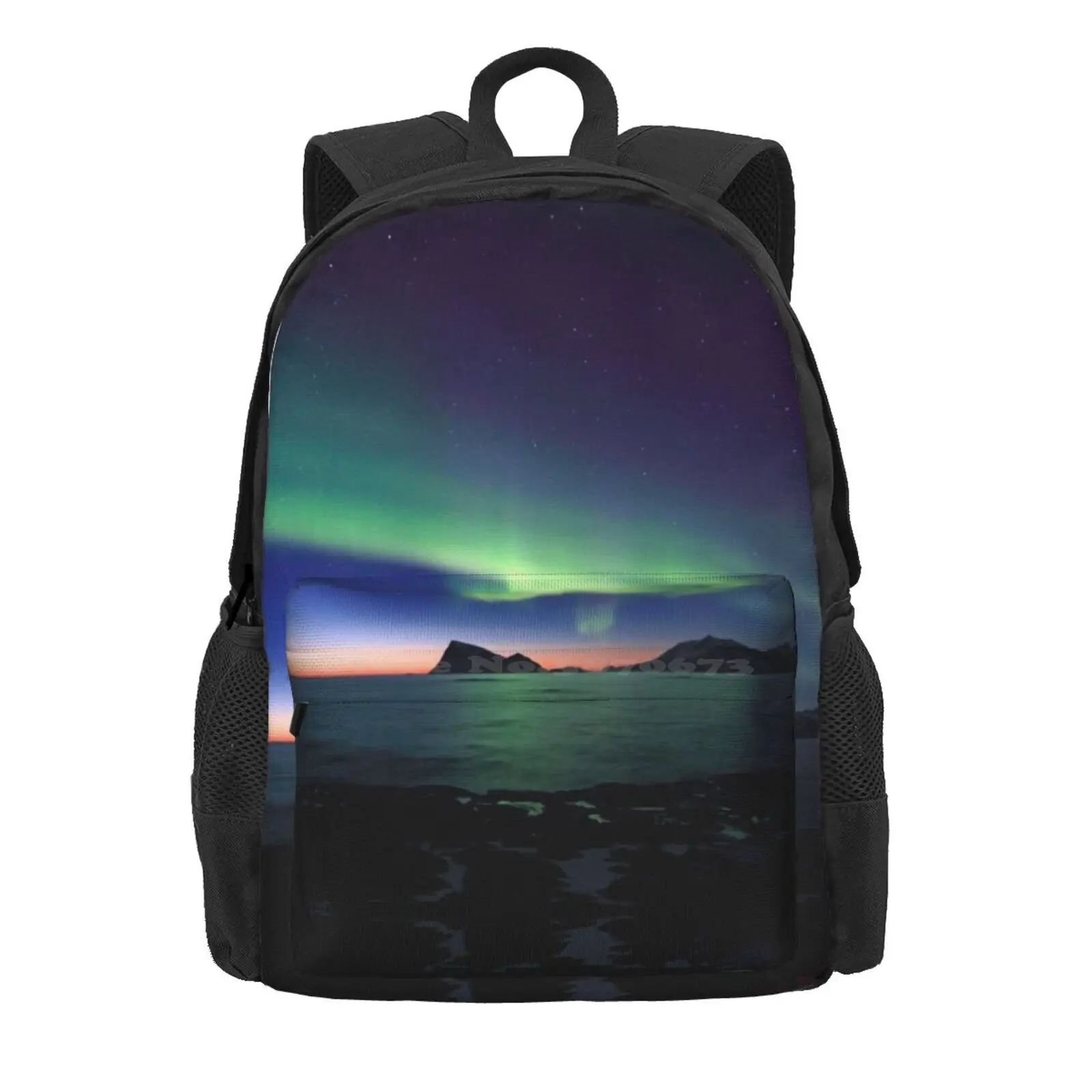 Aurora Borealis Over Haja Island -Ii Hot Sale Schoolbag Backpack Fashion Bags Aurora Borealis North Light Hilles Y Night Sea