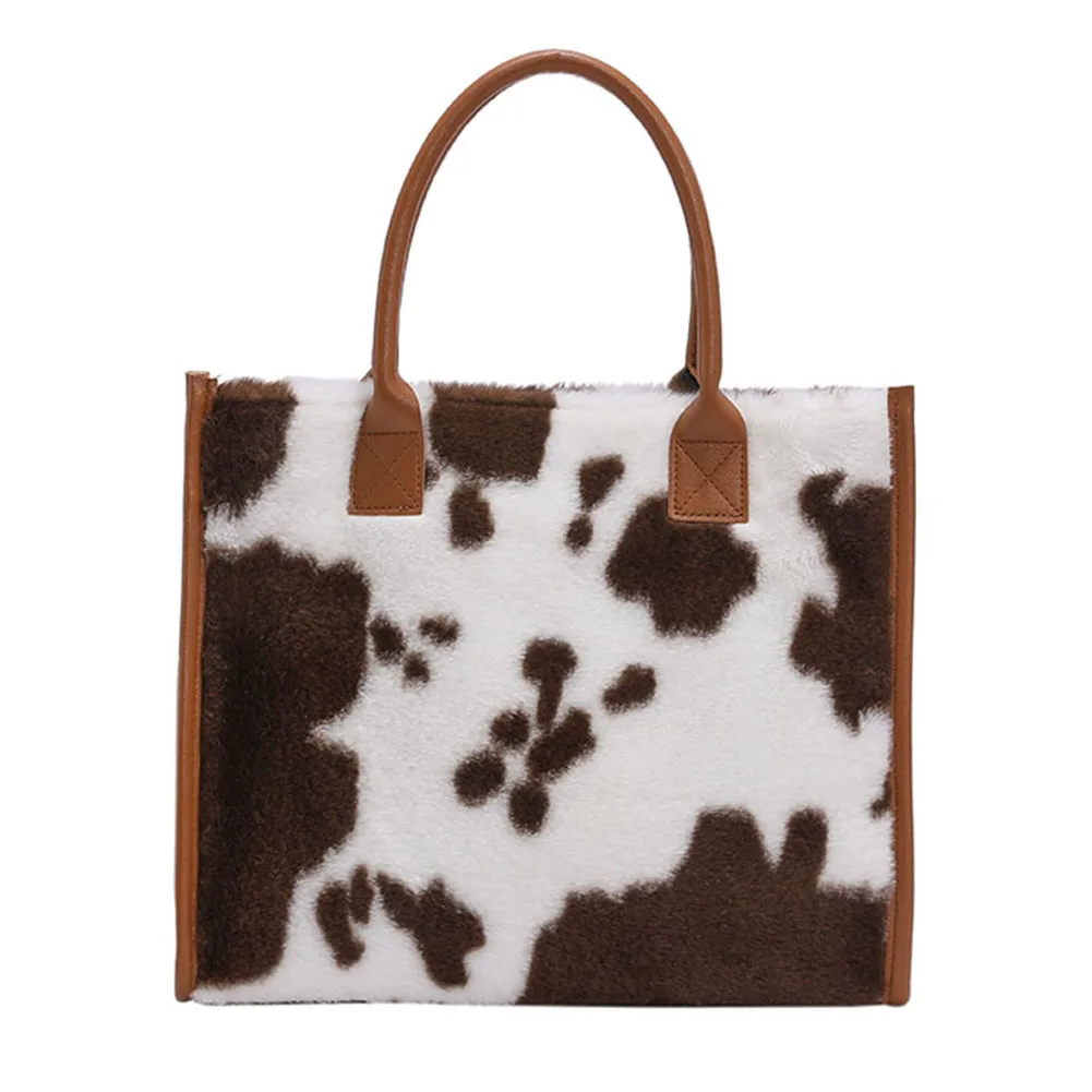 Damska torba robocza z miękkiego PU Leopard/Cow Print Winter Plush Handbag Casual Handbag Large Capacity for Daily Office Use Cute Purse