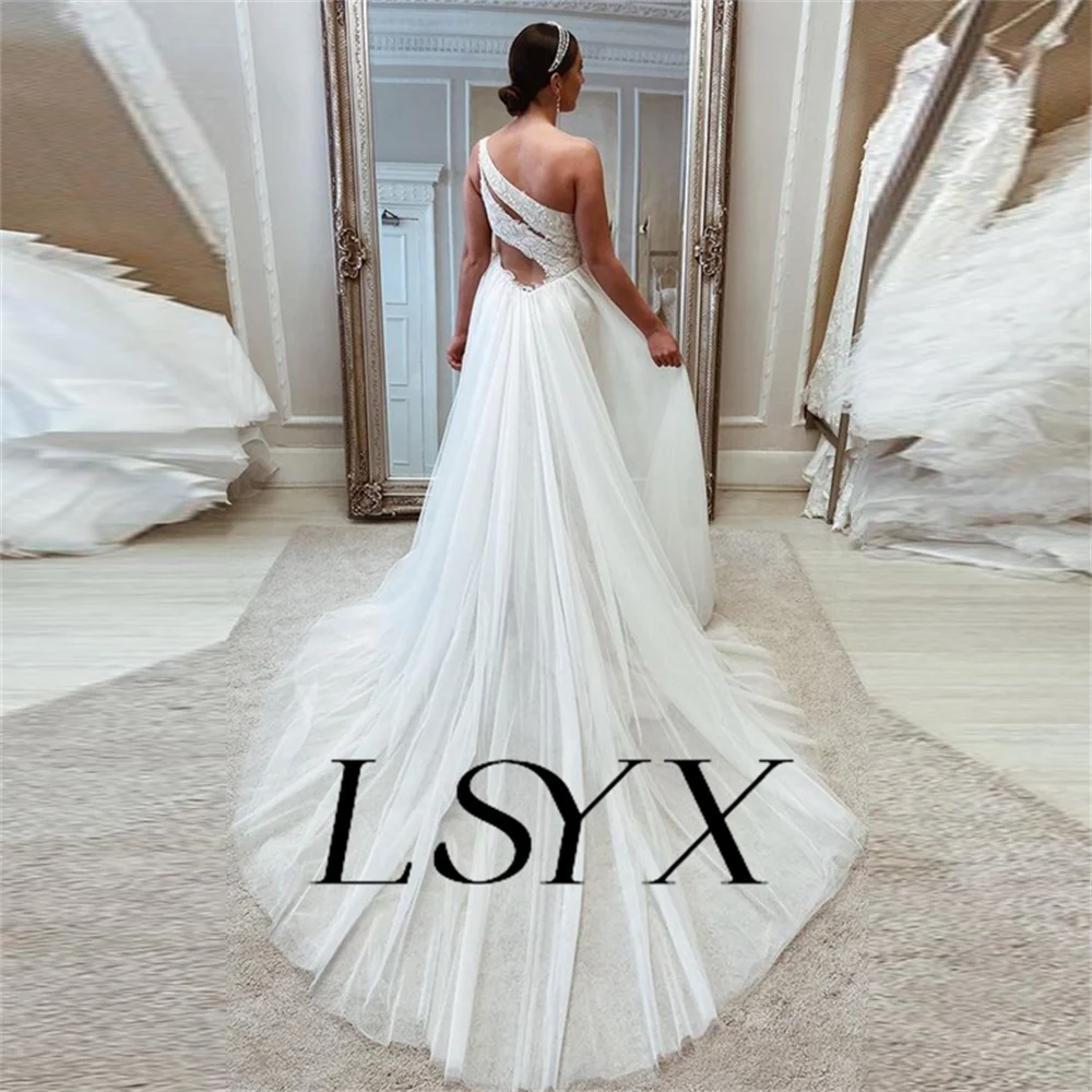 LSYX Customized One-Shoulder Cut Out Appliques Tulle Wedding Dress For Women High Side Slit Detachable Train Bridal Gown