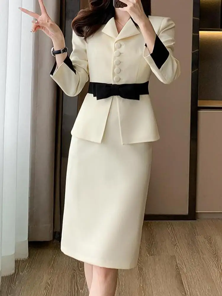

Spring Autumn French Sweet Two Piece Set Women Temperament Patchwork Button Blazer Coat Top + High Waist Mid Skirt Suits Fashion