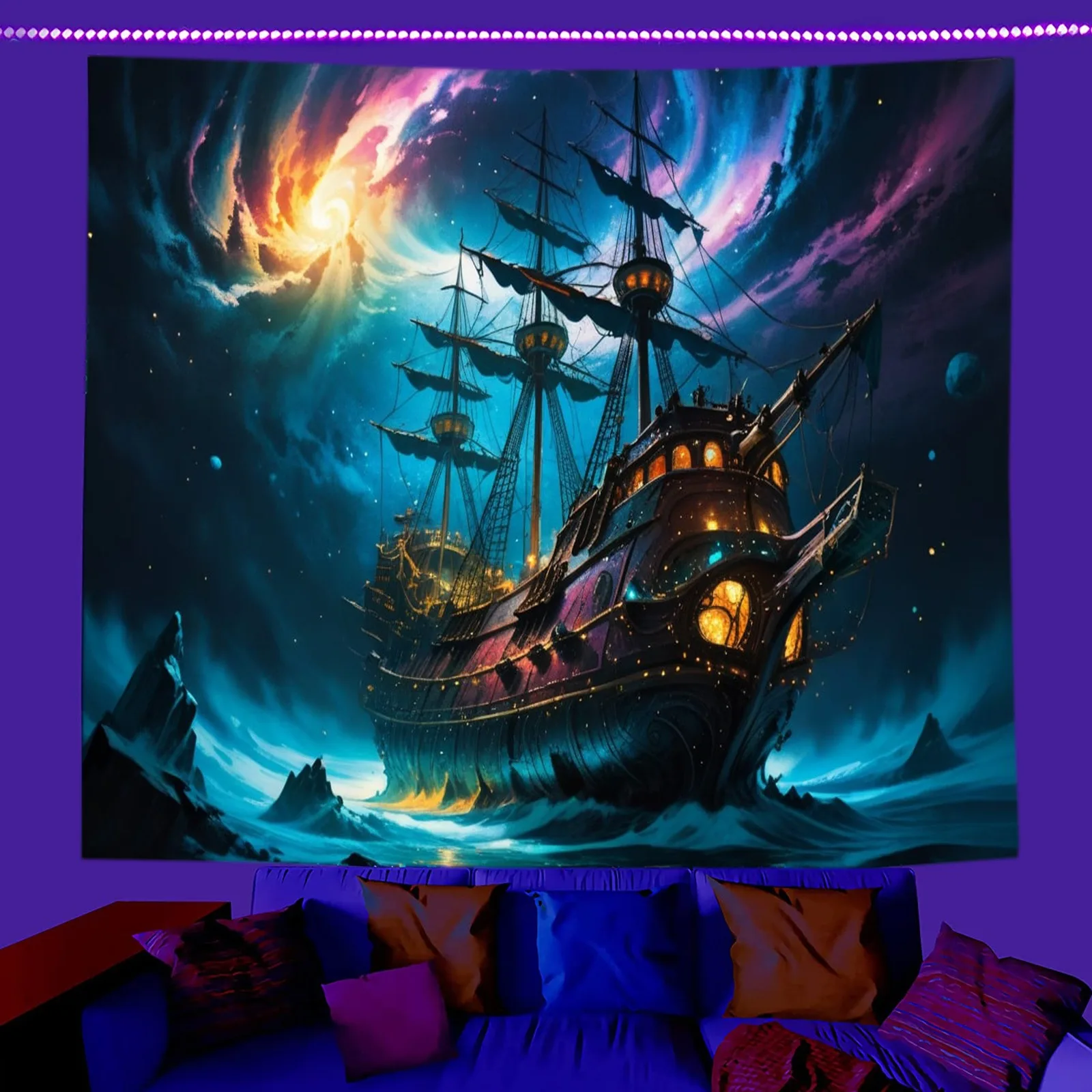 

UV Reactive Blacklight Tapestry 2D Flat Printed Fantasy Cosmic Pirate Ship Peach Skin Wall Hanging Fluorescent Bedroom Decor