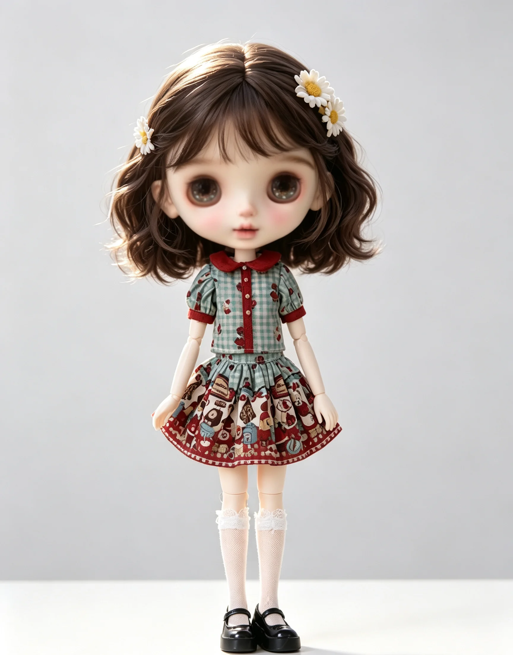 ブライスベビー服-ob24-ベビー服半袖レトロ赤と青のチェックシャツ-ショートスカート2点セット