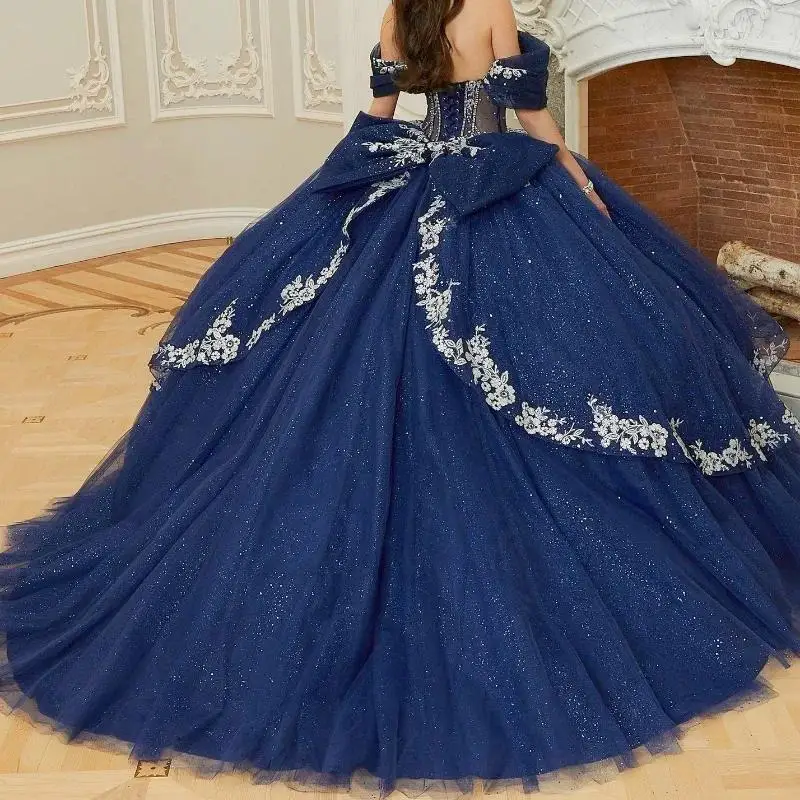 Personalizado azul marinho vestido de baile quinceanera vestidos 15 años quinceañera branco apliques em camadas vestido de festa