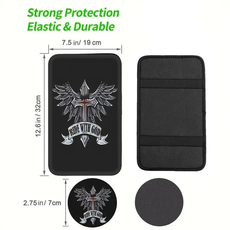 1Pc Car Armrest Cover + 2Pcs Cup Coasters, Ride With God Cross Wings Print For Car Interior Accessories