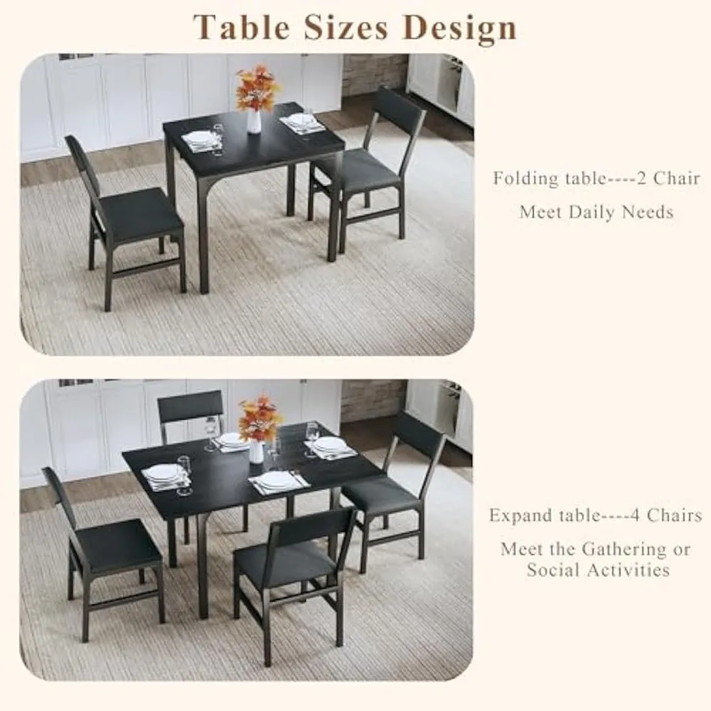 Dining Table Set for 4, Extendable Kitchen Table Cushion Chairs Set of 4, Rectangle Dining Table with Metal Frame & MDF Board