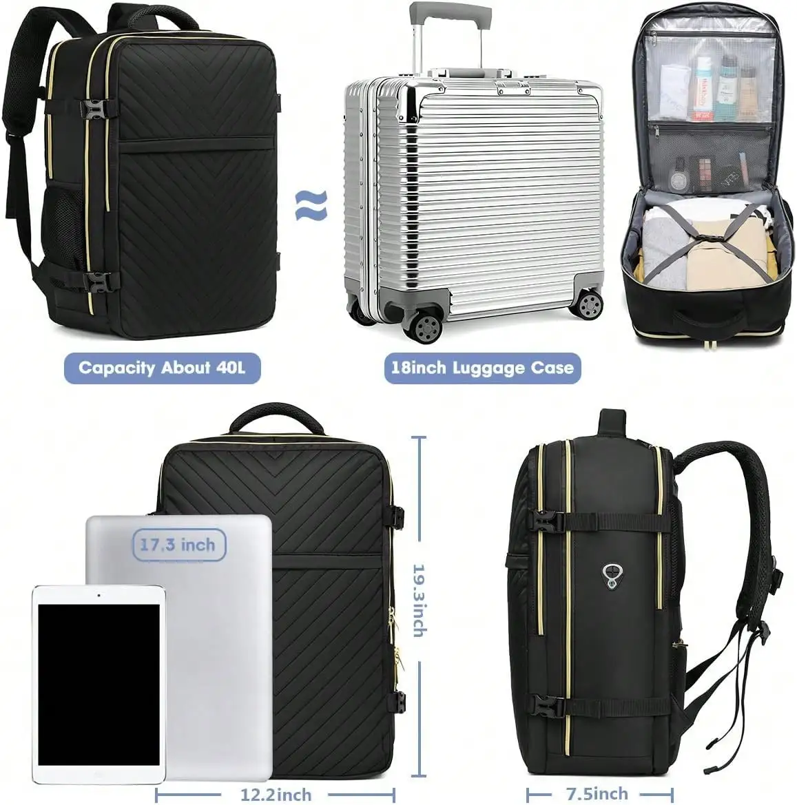 Large Carry On Travel Backpack - Flight Approved Waterproof Anti-Theft Luggage Daypack For Women Men Fit 17 Inch Laptop Business Weekender Overnight Backpack College Bag Personal Item Size Black view 2