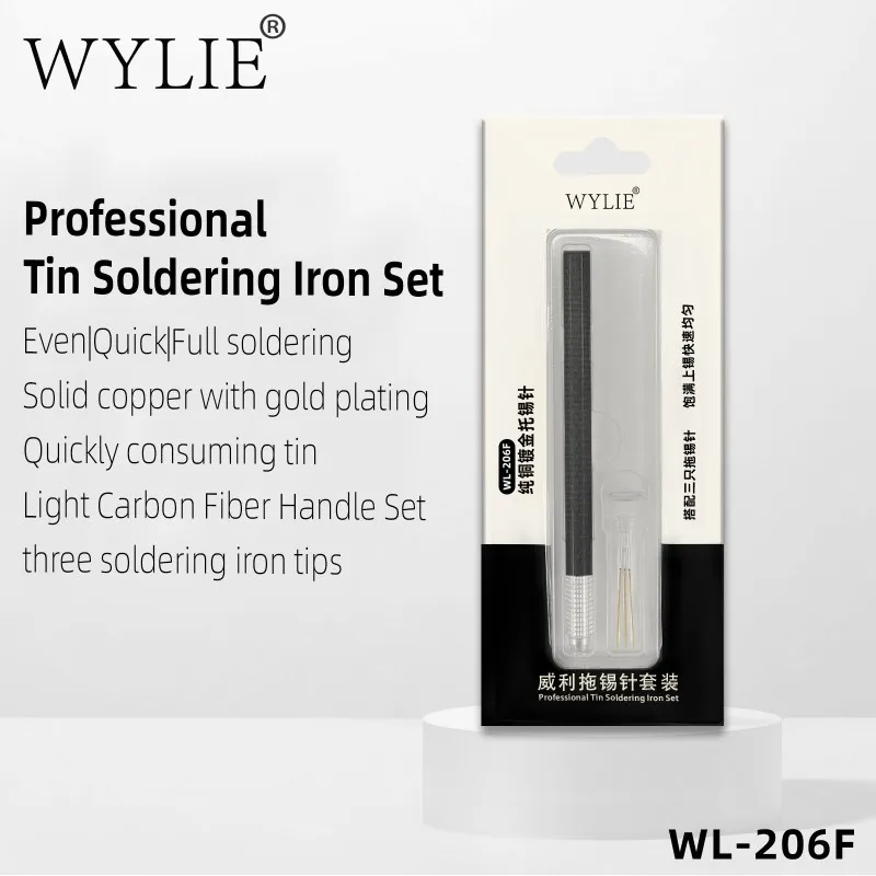 WYLIE WL-206F Gold Plated Copper Gilded Tin Drag Needle Soldering Iron Carbon Fiber Holder Set For Phone PCB IC Chip Repair