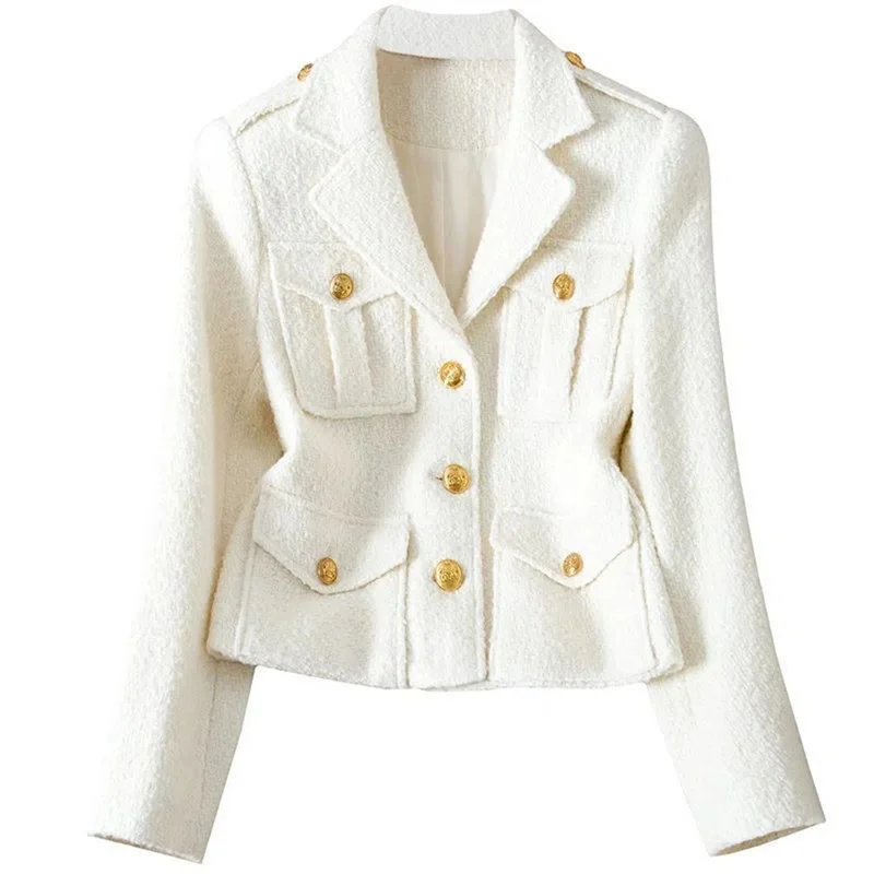 Chaqueta de tweed gruesa para mujer, abrigo corto de lana negra, chaqueta pequeña con fragancia, cuello de traje, moda blanca, 4XL, alta calidad