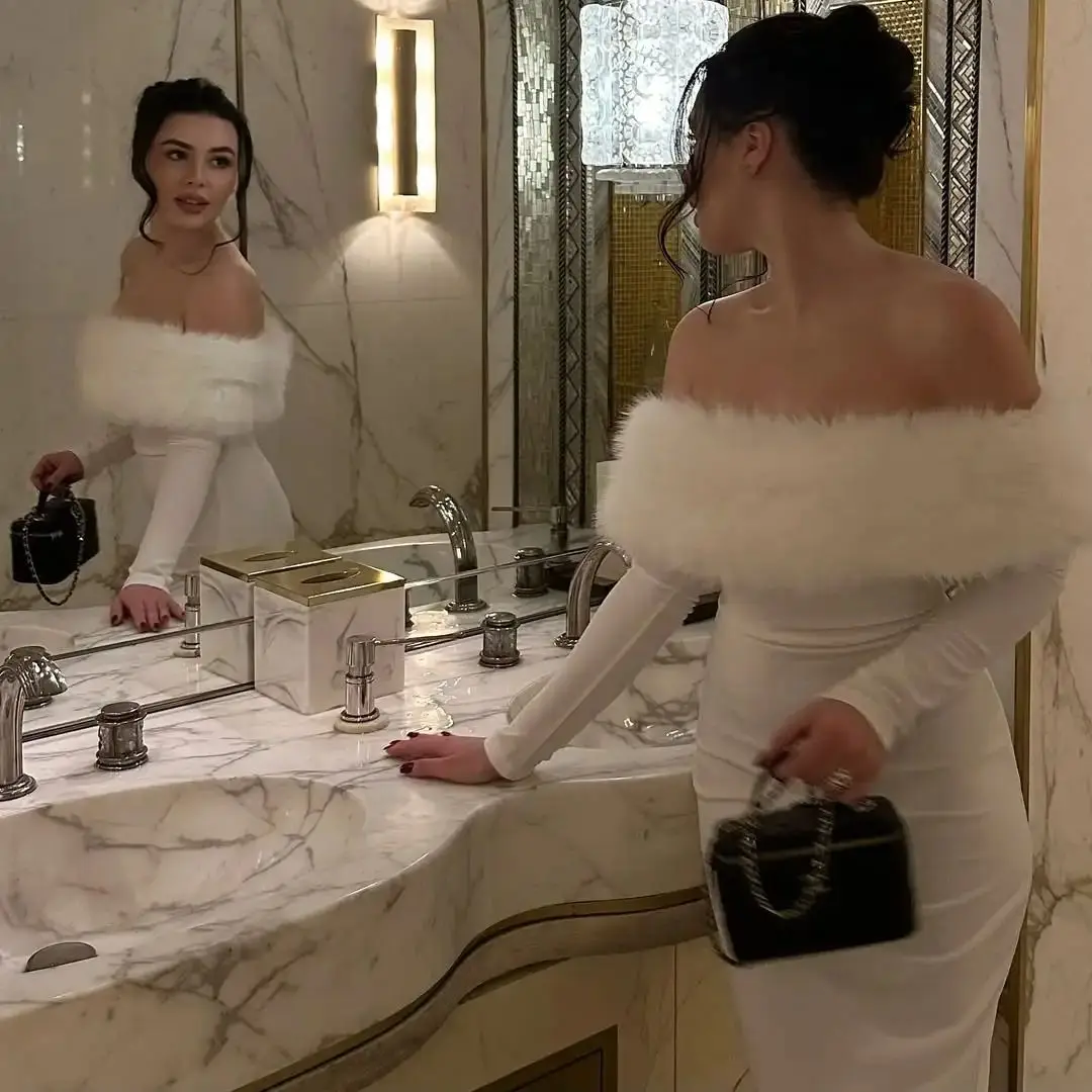 Ofherown Elegant Off Shoulder White Midi Evening Dress with Faux Fur Long Sleeve Bodycon Party Dress Women Luxury Cocktail Gowns
