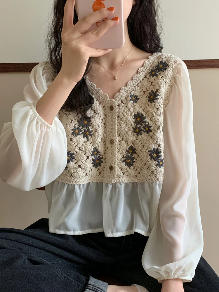 Crochet Knit Blouse with Chiffon Sleeve Peplum Button Front Shirts for Women Spring Summer Vacation Beach Wear