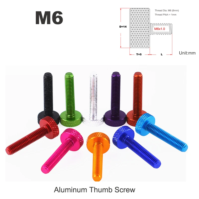 2/5Pc M6 Thumb Screw Bolt Aluminum Hand Tighten Knob Screw Computer Case Knurled Flat Head Hand Screw Anodized Length 10-30 mm