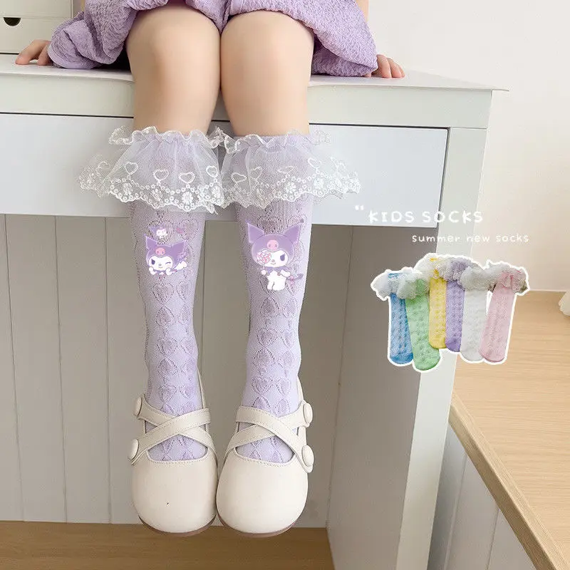 

Kuromi Cinnamoroll Children Anime Kawaii MINISO Stockings Cute Cartoon My Melody Lace Princess Socks Lovely Gifts for Kids