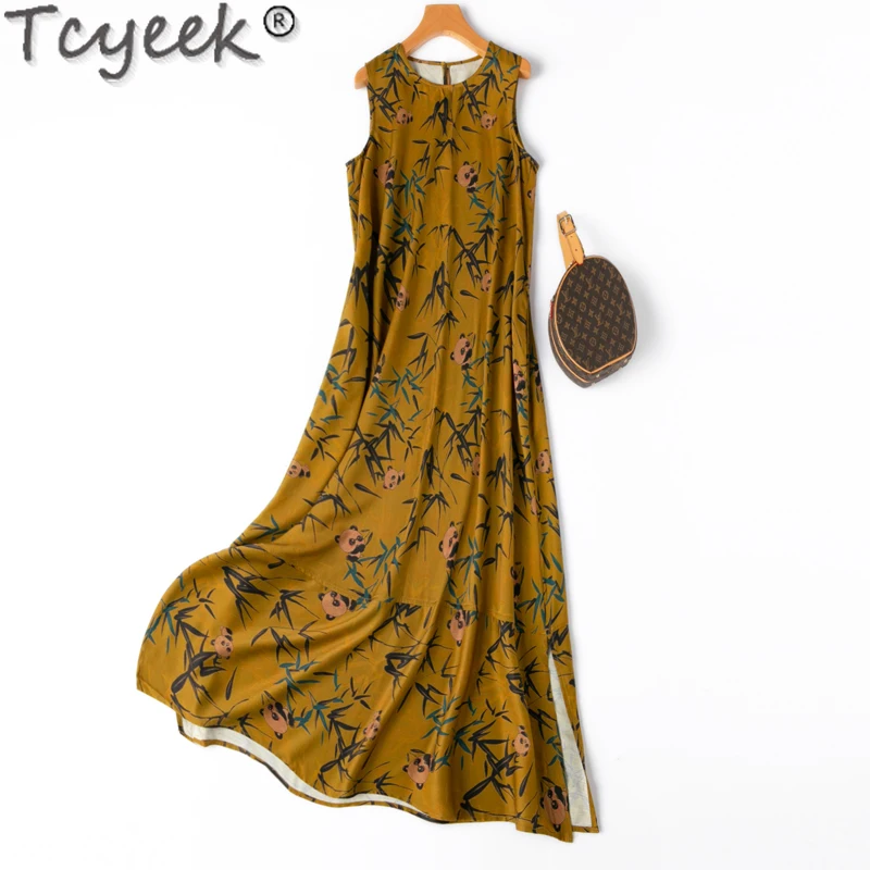 

Tcyeek 70% Mulberry silk Sleeveless Dress Spring Summer Dresses for Women Loose Maxi Dresses Womens Clothing A-line Split Dress