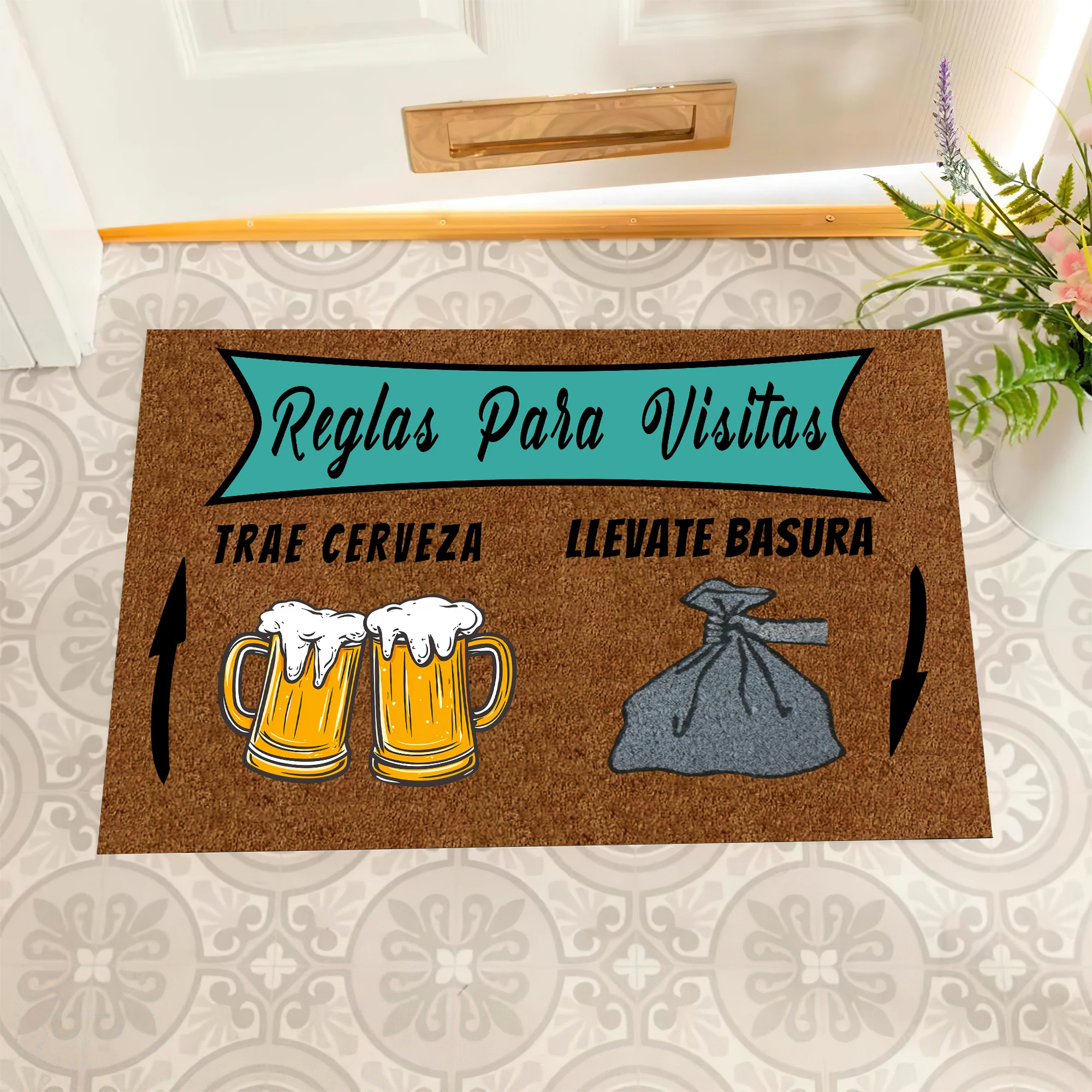 

Reglas Para Visitas Doormat Spanish Outdoor Anti-Slip Rubber for Entryway Indoor Front Porch Rug Funny Trae Cerveza Door Mat