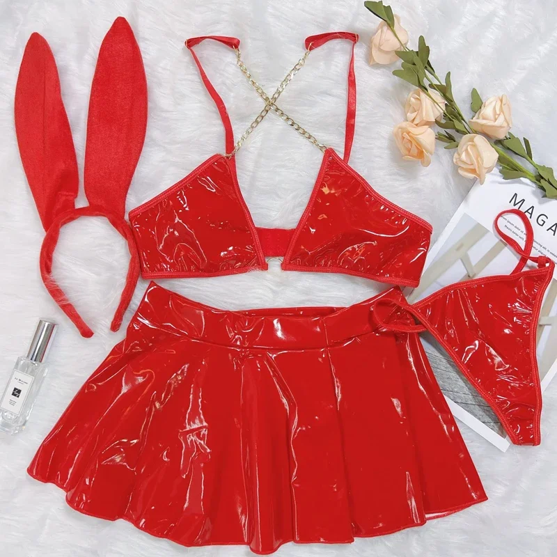 Toucheart Interesting PU Lingerie Set Women Nightclub Bunny Girl Sexy Lingerie Set Solid Color Chain Hollow Out Underwear Set