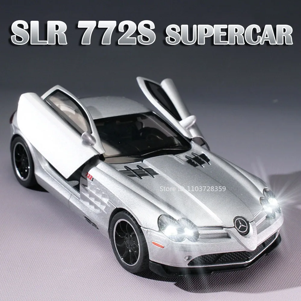 1:32 SLR 772S 300SL Sports Car Model Toys Alloy Diecast Miniature Supercar Sound Light Doors Opened Pull Back for Children Gifts