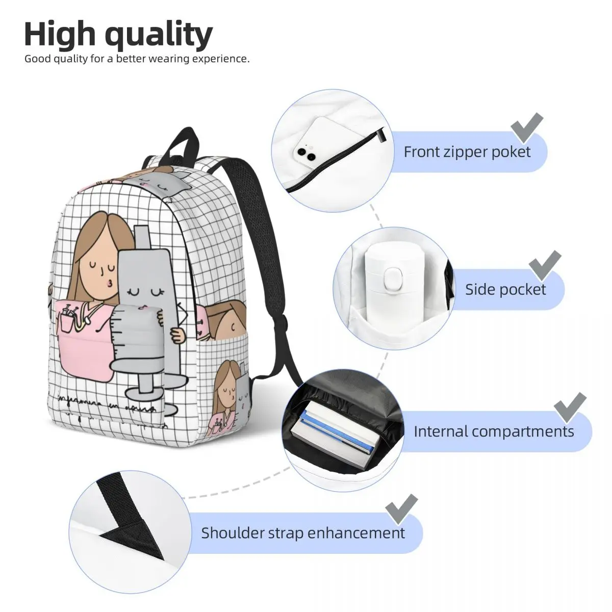 Cartoon médico e enfermeira mochila para homens e mulheres, mochila legal estudante, bolsa de ombro portátil, negócios, ao ar livre