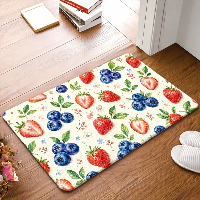 Cottagecore Strawberry Blueberry Pattern Polyester Area Rug Mat Kitchen Bathroom Runner Durable Waterproof Floral Print Floor De