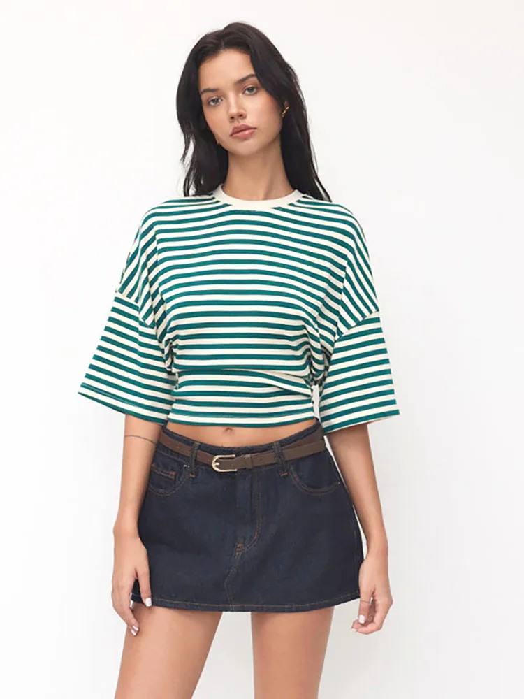 Julissa mo impresso listrado em torno do pescoço camiseta feminina verde manga curta casual y2k camiseta feminina outono fino elegante streetwear