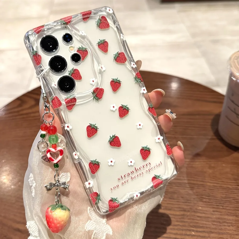Cute Strawberry Pattern Phone Case For Samsung Galaxy S26 S25 S24 Ultra S23 S22 Plus S25 FE A55 A54 A34 A33 Transparent Cover