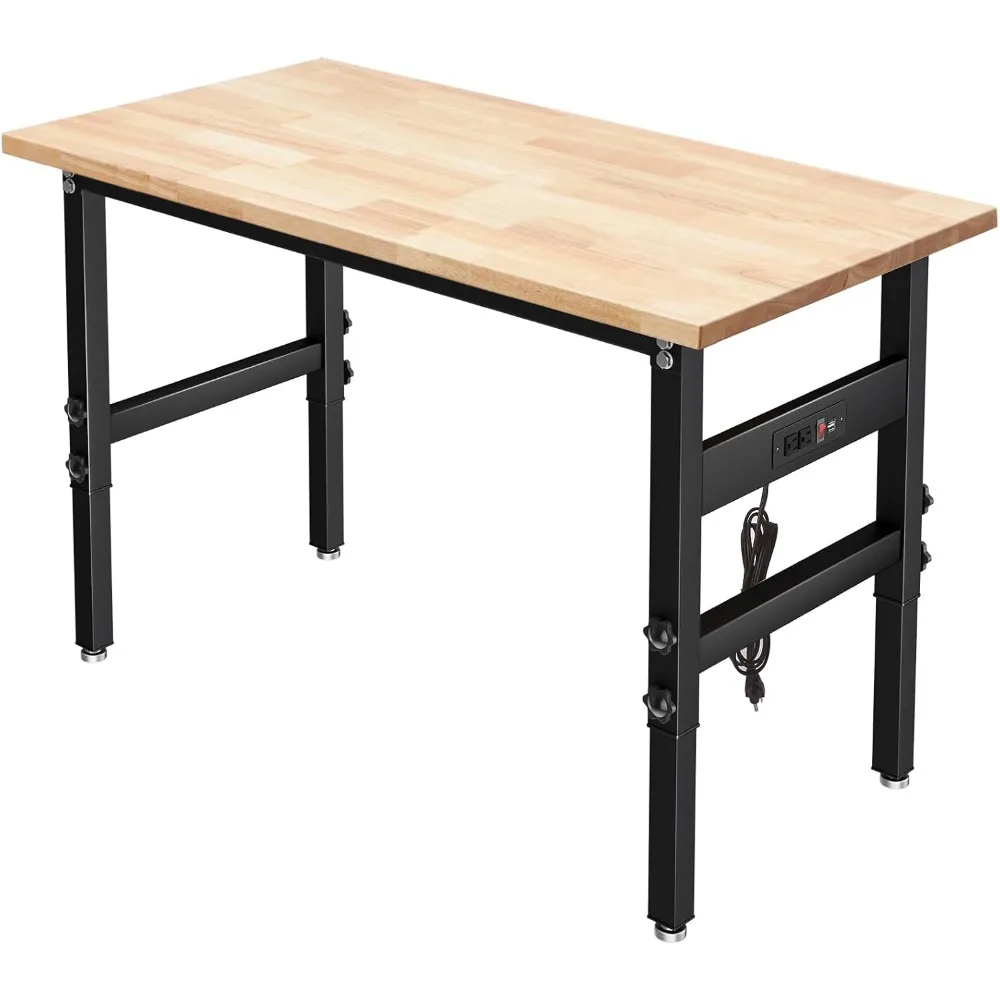 

Регулируемый рабочий стол для гаража с розетками, грузоподъемность 2200 фунтов, рабочий стол из твердой древесины, сверхмощный верстак