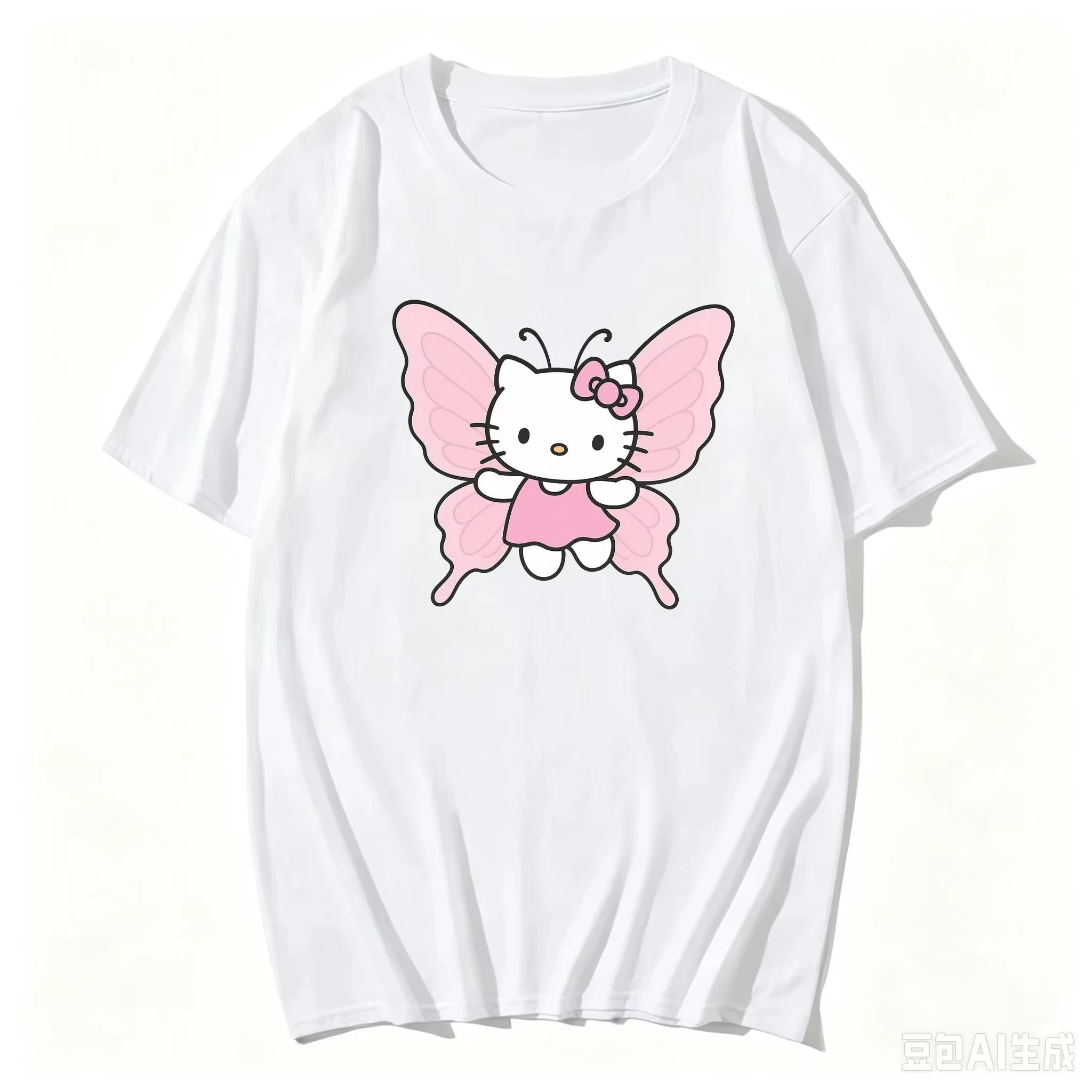 2026 New Hot-Selling Girls' Short-Sleeve Top – Cute Hello Kitty & Bow Print – Casual Everyday T-Shirt – School/Harajuku Style