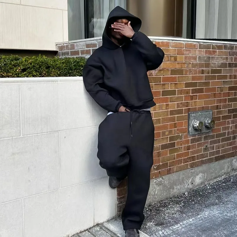 سويت شيرت رجالي كبير الحجم بلون سادة، سويت شيرت Y2K عالي الجودة مكون من قطعتين، بنطال كاجوال مستقيم الساق، ملابس خروج للزوجين