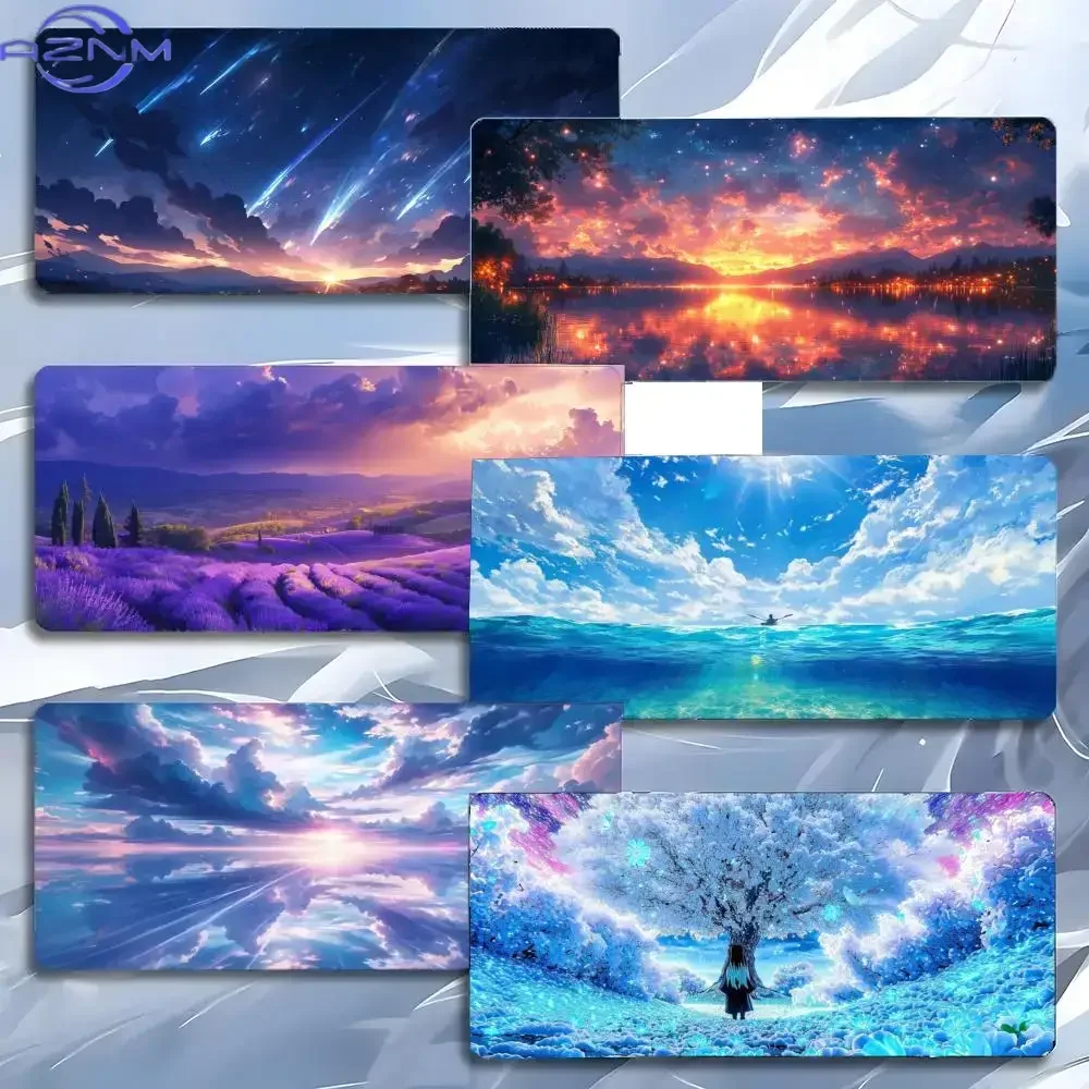 Anime Scenic Sunset Lavender Field Ocean Sky Mousepad Rubber Non-Slip Large Desk Mat Fantasy Nature Landscape Keyboard Pad for G