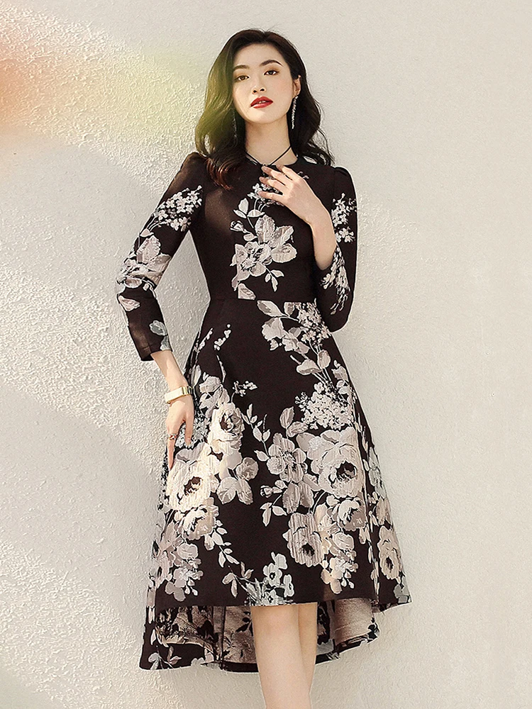 Neues Jacquard kleid Frauen Herbst Langarm Party kleid O-Ausschnitt Blumen kleider elegante Arbeit lässig Luxus Damen bekleidung