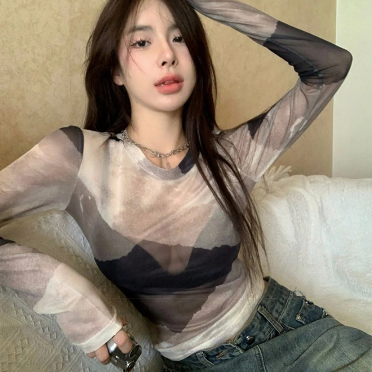 Tie Dye Color Blocking Micro Transparent Blouse Inner Top Slim Long Sleeved Shirt Soft Breathable Blouses Elastic Tee