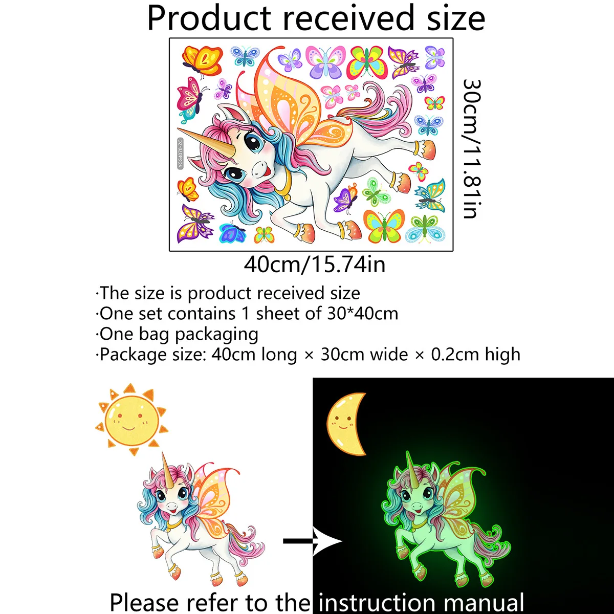 만화 손으로 그린 유니콘 다채로운 나비 발광 스티커, 소녀 침실 거실 벽 스티커 벽지, Ycg4070, 30x40cm