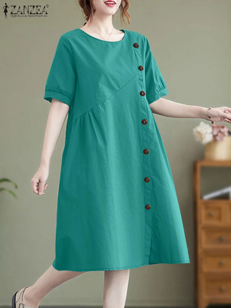 ZANZEA O Neck Casual Robes Summer 2024 Elegant Buttons Slit Half Sleeve A-line Vestidos Women Leisure Solid Holiday Midi Dresses