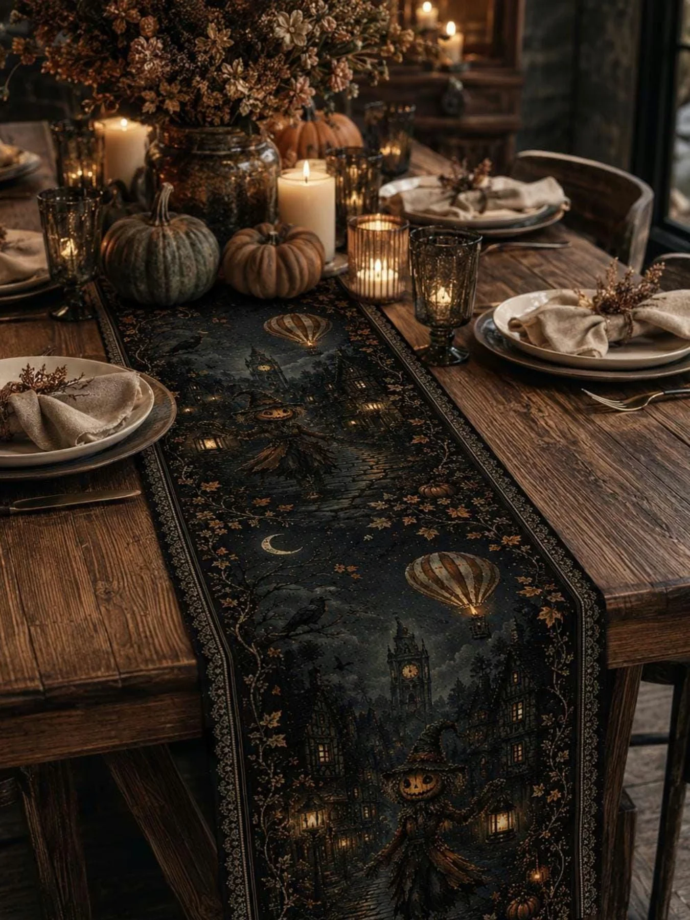 Dark Haunted Village Halloween Table Runner,Gothic Halloween Table Decor,Gothmas celestial decor bridging Halloween into Christm