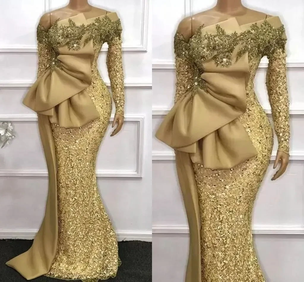 Golden Evening Dresses Shiny Mermaid Bow Decorate Robe For Celebrity Beach Formal Party Full Sleeves Floor Length Satin Dresses