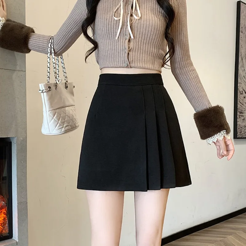 Korean Sle High Waist A-Line Skirt Women's Winter New Faion Slimming f-length Polyester Fiber Warm Folded ort Skirt
