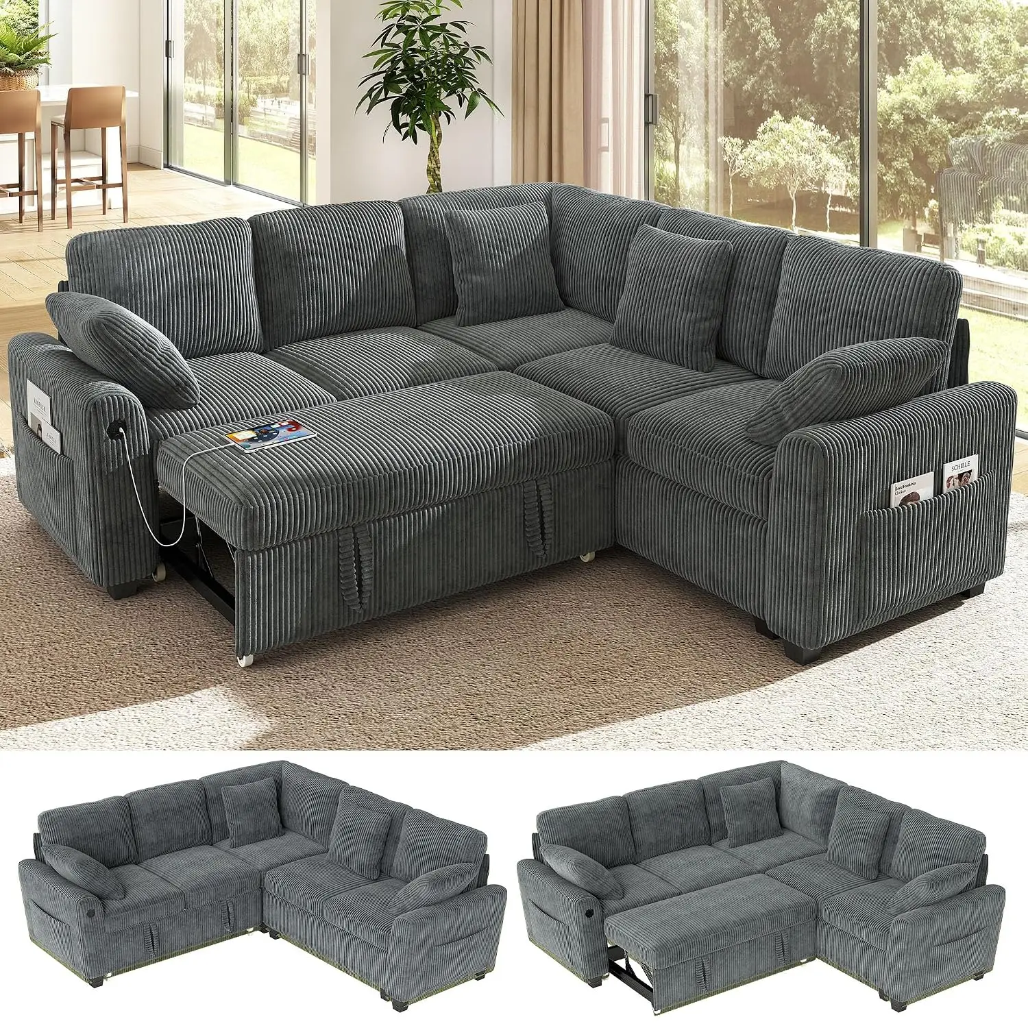 83-inch 5-Seater Large Sectional Sofa Bed with Storage, Corduroy Reversible Modular Sleeper Sofa with USB Port & 4 Pillows