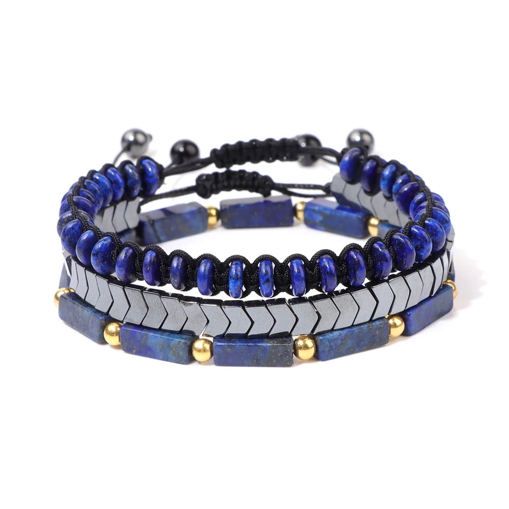 3Pcs/Set Stone Braided Bracelets For Men Lapis Lazuli Amethysts Hematite Beads Bracelet Set Body-purify Slimming Yoga Jewelry