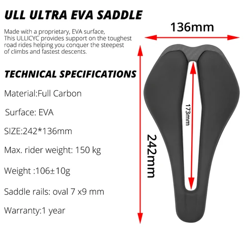 Imagen 2 del producto Sillín de bicicleta EVA con carcasa totalmente de carbono, cojín hueco, cómodo y transpirable para bicicleta de carreras de montaña/carretera, riel de carbono 7x9mm, 136x242mm