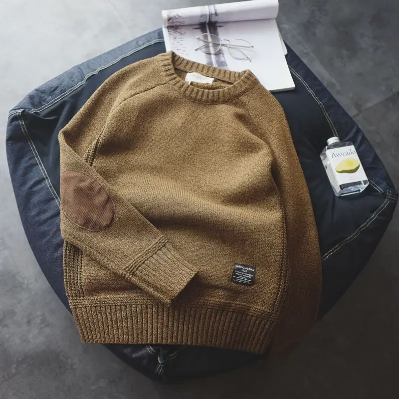 Men's Round Neck Patchwork Pullover Sweater Academic Color Block Thick Knit Top Korean Style Tops
